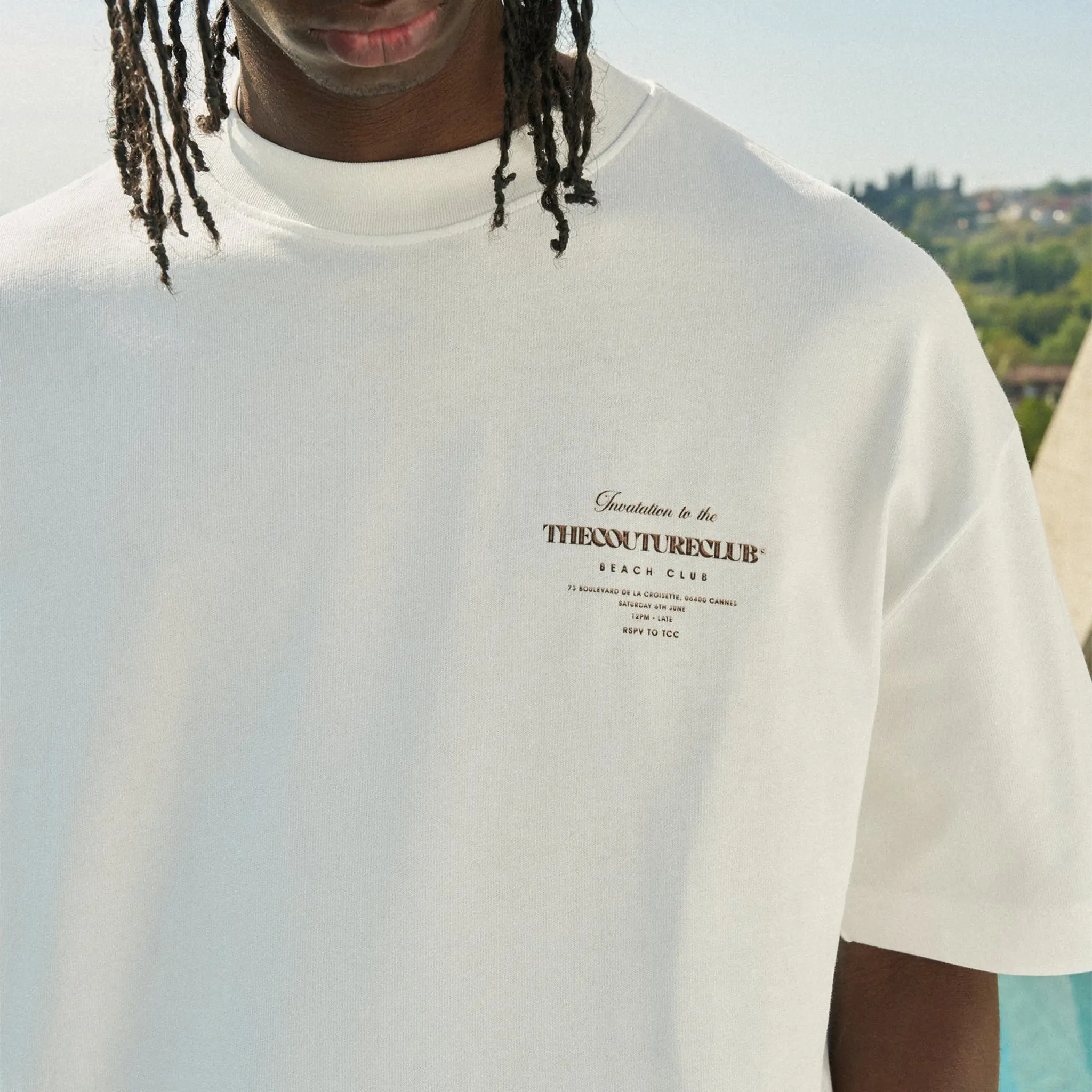 Detailed Front View of The Couture Club Beach Club Graphic Off White T-Shirt